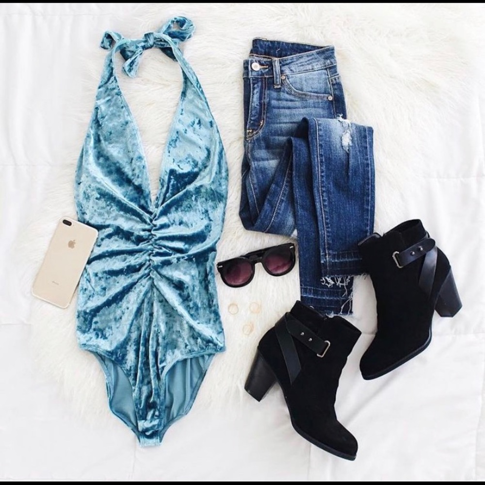 Teal velvet bodysuit